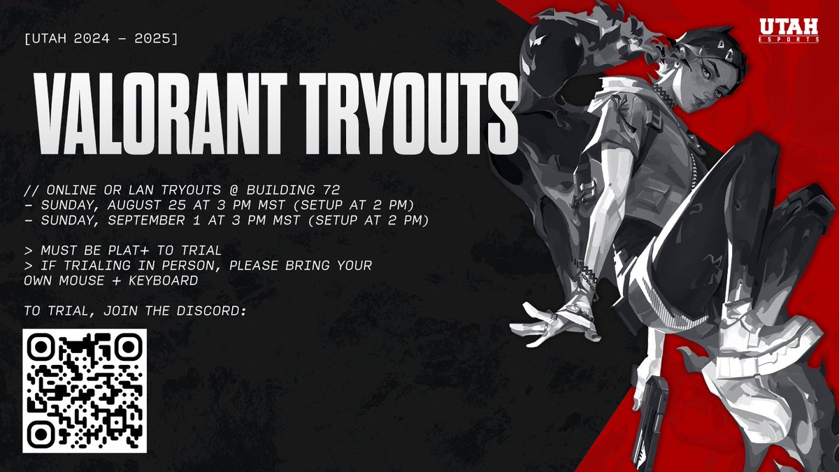 UUtah_Esports's tweet image. Are you interested in joining a collegiate level esports team this year? Well now is your time! The University of Utah Valorant team will be holding tryouts soon! 

⏰: Sunday, August 25 @ 3 PM MST (Setup at 2 PM MST)

OR

⏰: Sunday, September 1 @ 3 PM MST (Setup at 2 PM MST)