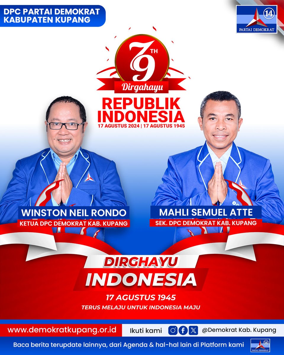 DemokratKupang's tweet photo. Dirgahayu Indonesia 🇮🇩 ke 79

Nusantara Baru, terus Melaju untuk Indonesia Maju

#DemokratKupang #HUTRI79 #NusantaraBaru #IndonesiaMaju 

@PDemokrat
@AgusYudhoyono
@BakomstraPD
@AnnisaPohan
@BennyHarmanID
@EyPullu
@SebastianEdo4
@WinstonRondo1 https://t.co/5HqrEcUzqi