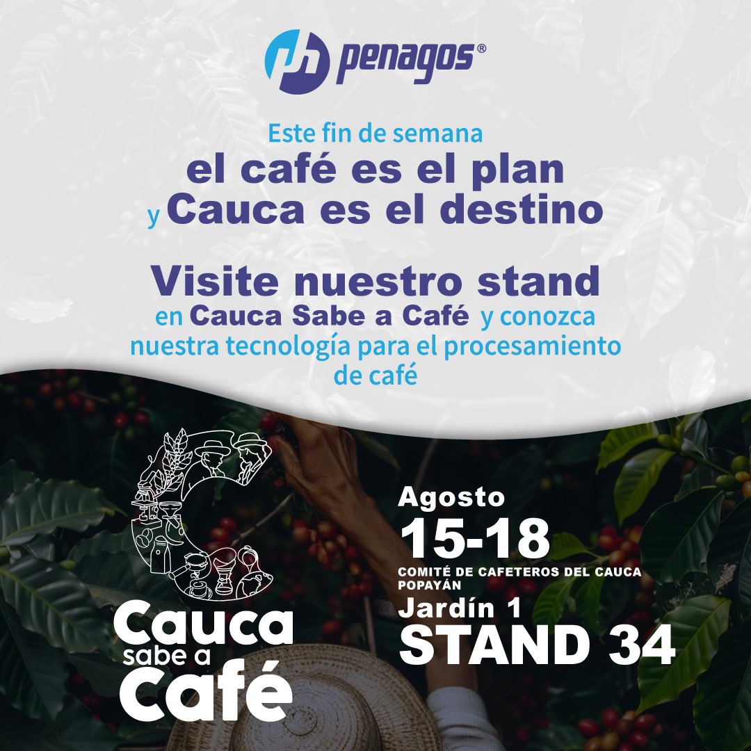 ¡Este finde, nos vemos en Cauca Sabe a Café! ☕️

Visítenos y conozca la tecnología Penagos que está transformando la caficultura. 👀 ¿Se apuntan?

This weekend, see you at Cauca Sabe a Café! ☕️

#Penagos #coffeeprocess #coffeeprocessing #agriculture #coffee #café #cafelife