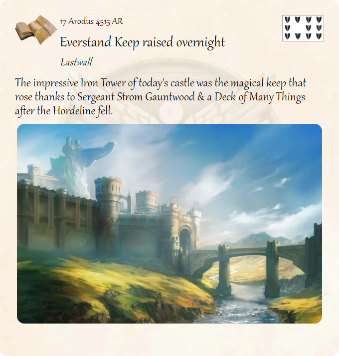 GolarionToday's tweet photo. 17 Arodus 4515 AR: Everstand Keep raised overnight
#Everstand #Lastwall #StromGauntwood #4515AR
https://t.co/kaGgU0wzo4
The impressive Iron Tower of today's castle was the magical keep that rose thanks to Sergeant Strom Gauntwood &amp; a Deck of Many Things after… https://t.co/lmbq5LFtXe