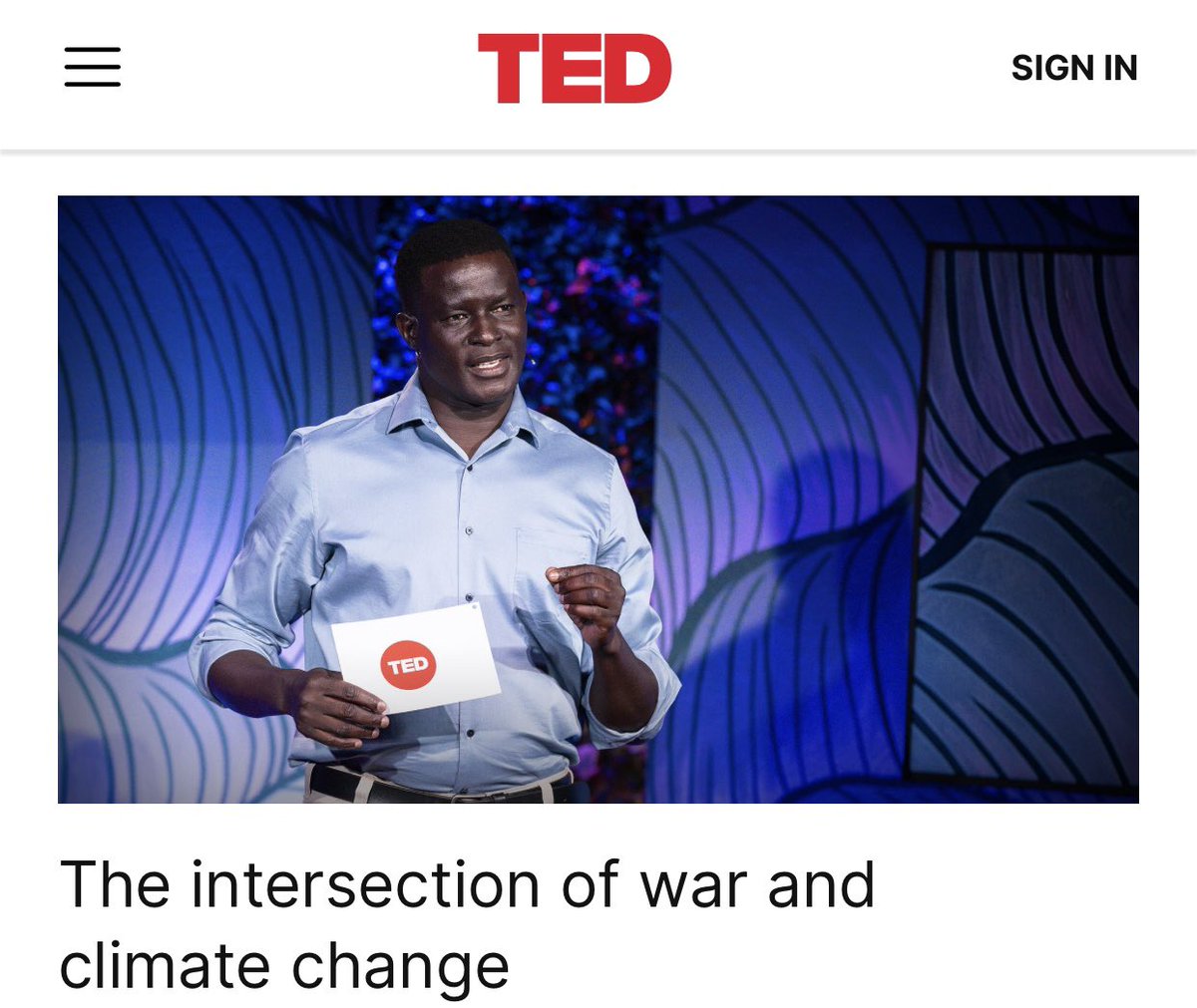 Yes💪🏾 I am delighted to announce that my TED Talk was launched, it’s now live. In a special way, I want to thank <a href="/RockefellerFdn/">The Rockefeller Foundation</a> and <a href="/TEDTalks/">TED Talks</a> for making this possible. 

We’re discussing the “intersection between war and climate change.” I know dark clouds of war and poverty