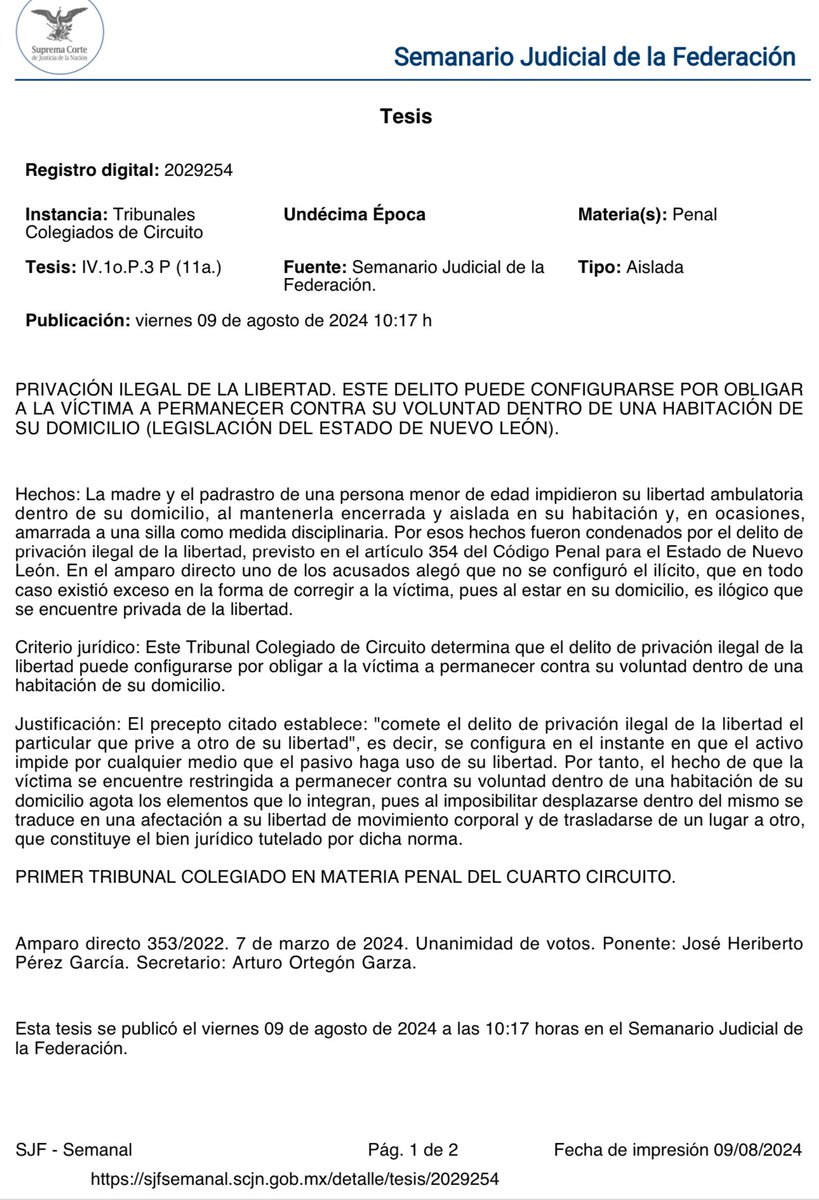Angela_FriasA's tweet photo. El no dejar salir a su hija de su RECÁMARA 👧🏻🛏️, se considera que actualiza el delito de Privación Ilegal de la Libertad… según el 1er TC del 4to Cto. https://t.co/1n5dLKjTeJ