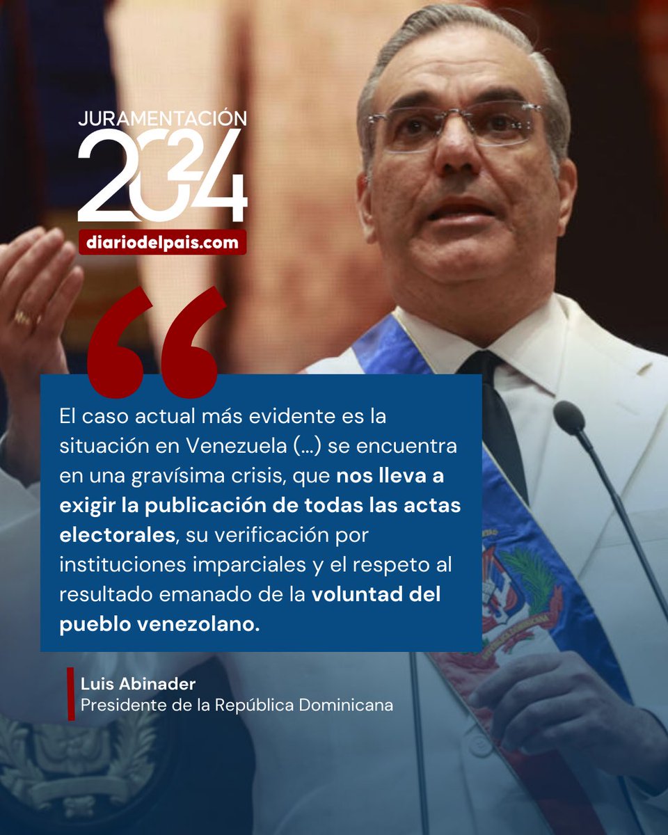Hoy se suma <a href="/luisabinader/">Luis Abinader</a> otra voz firme, fuerte y contundente contra <a href="/NicolasMaduro/">Nicolás Maduro</a> ¡Entreguen las actas, respeten la voluntad del pueblo venezolano! 🇻🇪🇩🇴
