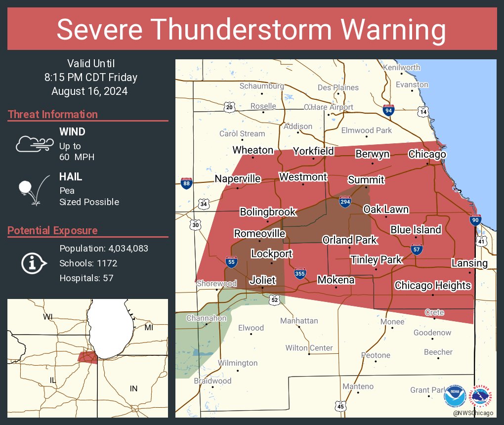 NWSSevereTstorm's tweet photo. Severe Thunderstorm Warning including Chicago IL, Joliet IL and  Naperville IL until 8:15 PM CDT https://t.co/txcaCRUHGH