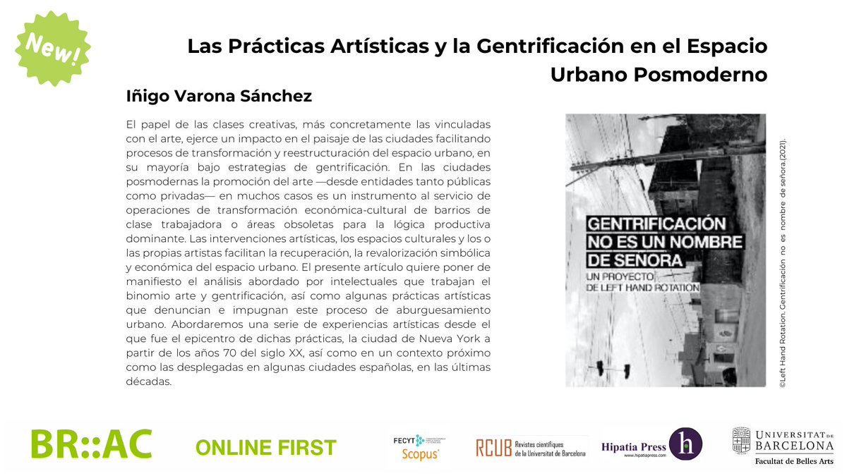 👁️👁️"Las Prácticas Artísticas y la Gentrificación en el Espacio Urbano Posmoderno" por Iñigo Varona Sánchez
Accesible ya en "Online First" (2024) :👇hipatiapress.com/hpjournals/ind…
@hipatiapress <a href="/craibellesarts/">CRAI Belles Arts</a> @inigovaronasanchez
 #gentrificación #arte #neoliberali