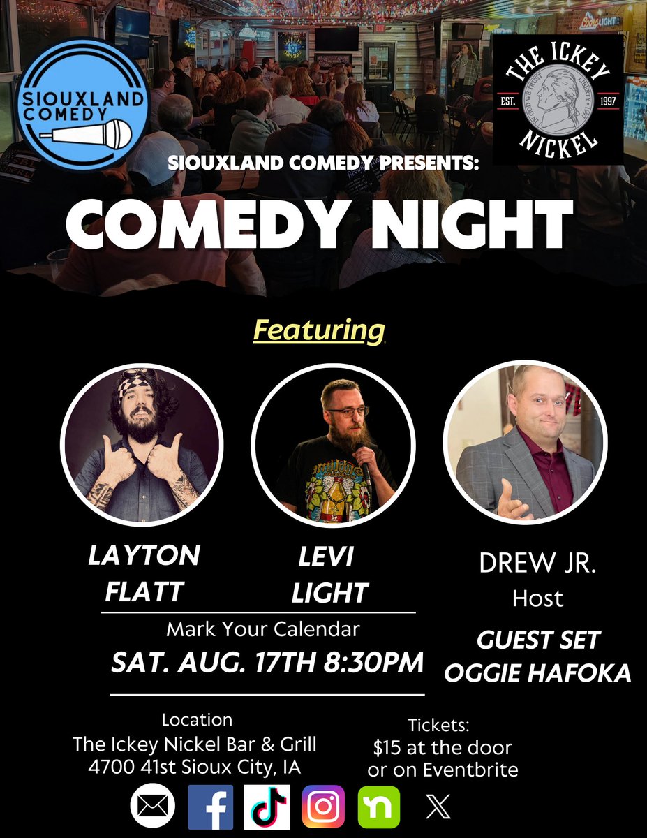 Live Stand-Up Comedy show this Saturday at The Ickey Nickel 
8:30PM $15