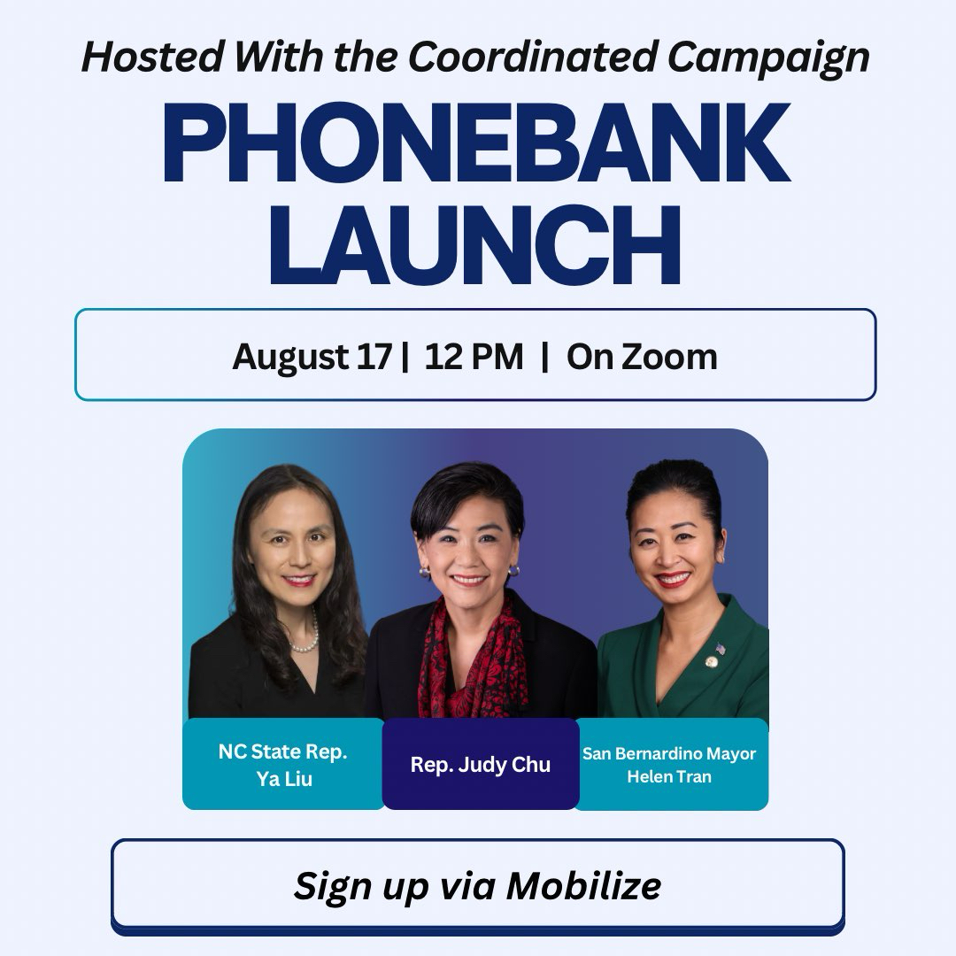 aapi_ncdp's tweet image. TOMORROW:

Our phonebank launch will be joined by some very special guests including Congresswoman Judy Chu, Mayor Helen Tran, and State Rep. Ya Liu!

Sign up using this link: 
mobilize.us/ncvictory2024/…

#AAPI #AAPICaucus #Democrats #KamalaHarris2024