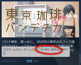 steamレビュー100%好評！！
おかげさまで10件レビューが付き、スコアが表示されるようになりました！！ たくさんのご愛顧ありがとうございます。
引き続きコロナ禍ノスタルジックカフェゲーム『東京珈琲パンデチカ』をよろしくお願いします☕️☕️☕️
store.steampowered.com/app/2885880/_/…
#Steam #東京珈琲パンデチカ