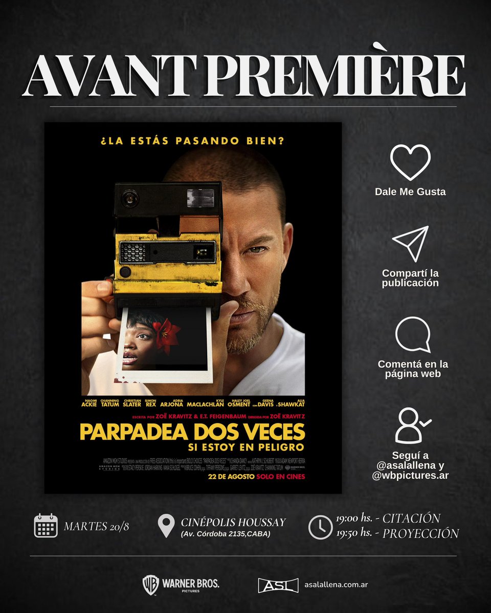 asalallena's tweet photo. Warner Bros. Pictures y ASL te invitan a ver #ParpadeaDosVecesPelícula. Para participar por un pase para 2 personas:

1️⃣ Compartir la publicación.
2️⃣ Comentar en la página web de ASL:
https://t.co/Ok9qT6d3HO
3️⃣ Seguir las cuentas @WBPictures_Ar y @asalallena. https://t.co/Gz409tvbFj