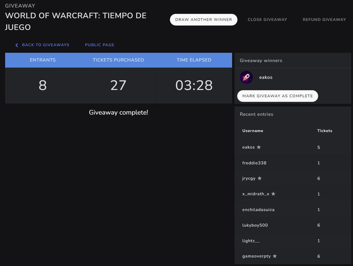 Y el ganador del #Sorteo de tiempo de juego para <a href="/Warcraft/">World of Warcraft</a> es el Eakos!  Feliciades! #WorldOfWarcraft