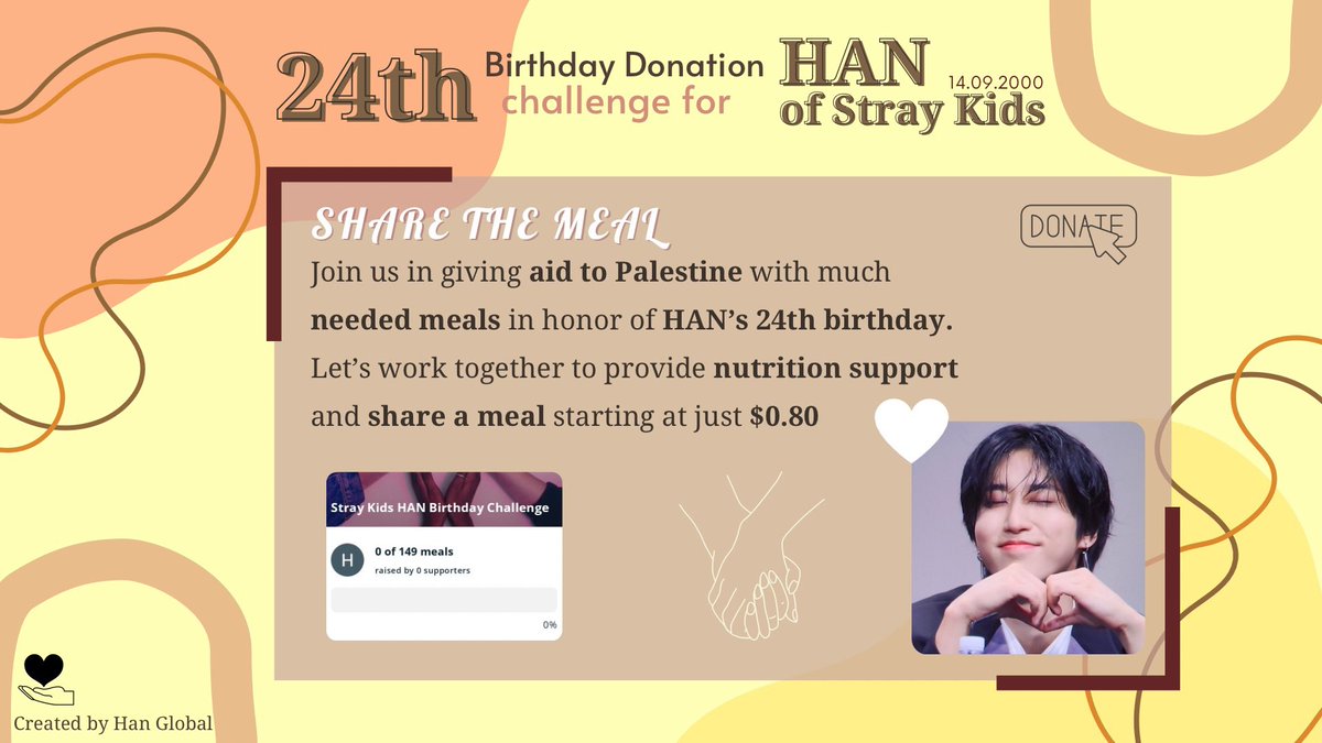 HAN's 24th Birthday Project 🎊

In celebration of HAN’s upcoming birthday we are organizing a donation drive through Share The Meal. Please help us meet our goal while wishing Hannie the best birthday! Thank you! ❤️

📎sharethemeal.org/challenges/653…

#HAN #한 #ハン <a href="/Stray_Kids/">Stray Kids</a>