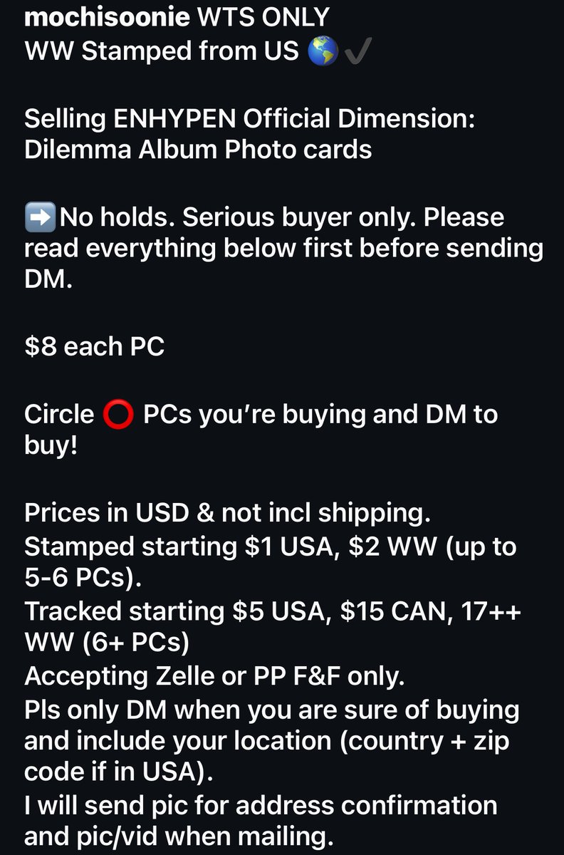 wts enhypen d:d photocard

Selling #ENHYPEN Dimension Dilemma photo cards official

No holds

PC $8 each

+Stamped $1 US/$2 WW

DM to buy

sell enha jungwon heeseung sunghoon jay jake sunoo ni-ki pc photocard #엔하이픈 포카 #wtsenha #wtsenhypen #enhasale #enhypensale #sellenhypen