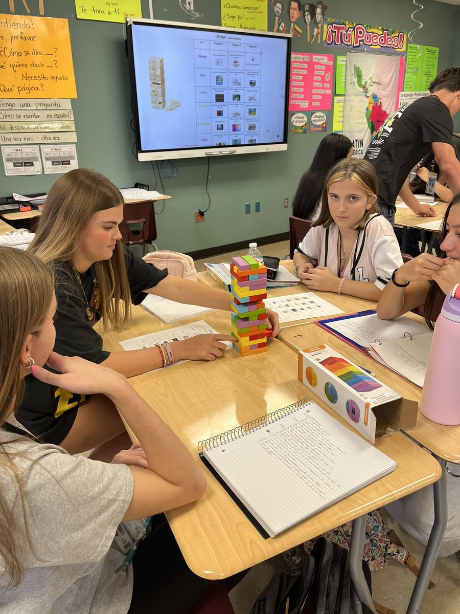 cbracksieckGRHS's tweet photo. Off we go!! Spanish 3 played conversational Jenga while AP Spanish 4 was introduced to cirumlocution game —#7stepsWL  describe words to a partner to get them to say the select words.  @langchatPLN @WeAreGRHS @Elisabeth13 @Seidlitz_Ed https://t.co/ivDb3Jwfnb