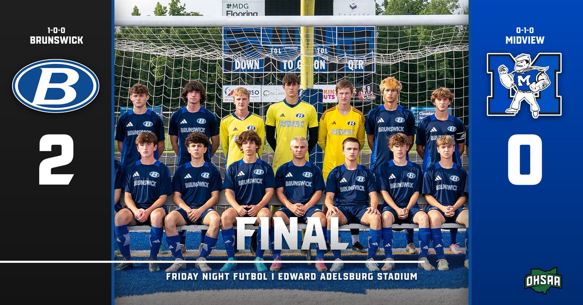 Final score of <a href="/OHSAASports/">OHSAA Sports</a>: <a href="/Soccer_BHS/">Brunswick HS Soccer</a> - 2
<a href="/MidviewMSoccer/">Midview High School Boy’s Soccer</a>- 0

Brunswick’s record is:

1-0-0

More post game coverage on the way!

#TheUnfinishedJourney
#GoBigBlue
#FridayNightFutbol 
#SoccerExcellence