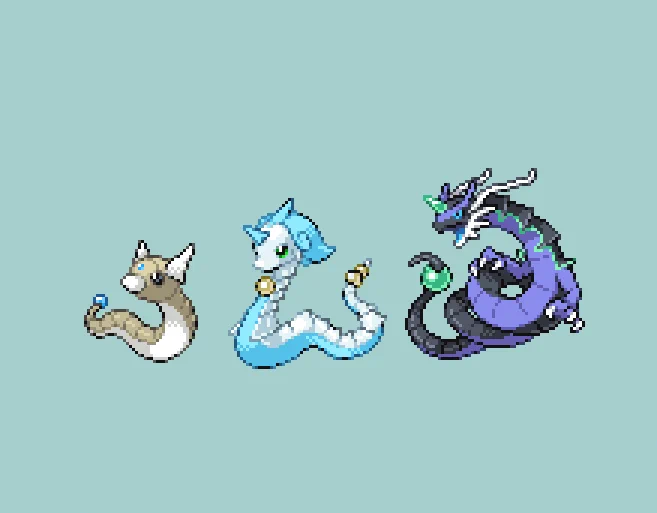 #fakemon #オリポケ ミニリュウ(アマグニのすがた)・ハクリュー(アマグニのすがた)・コクリュウ。