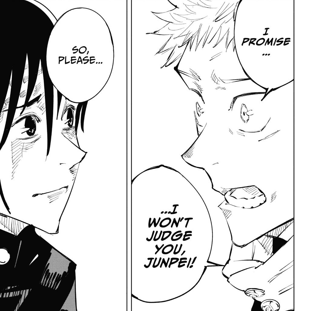 Angglio's tweet image. Yuji's not FORCING his ideals to Megumi, the same way he did with Junpei. 

Yuji understands that we lived different lives, so he's not gonna force his will to others
#JJK266
