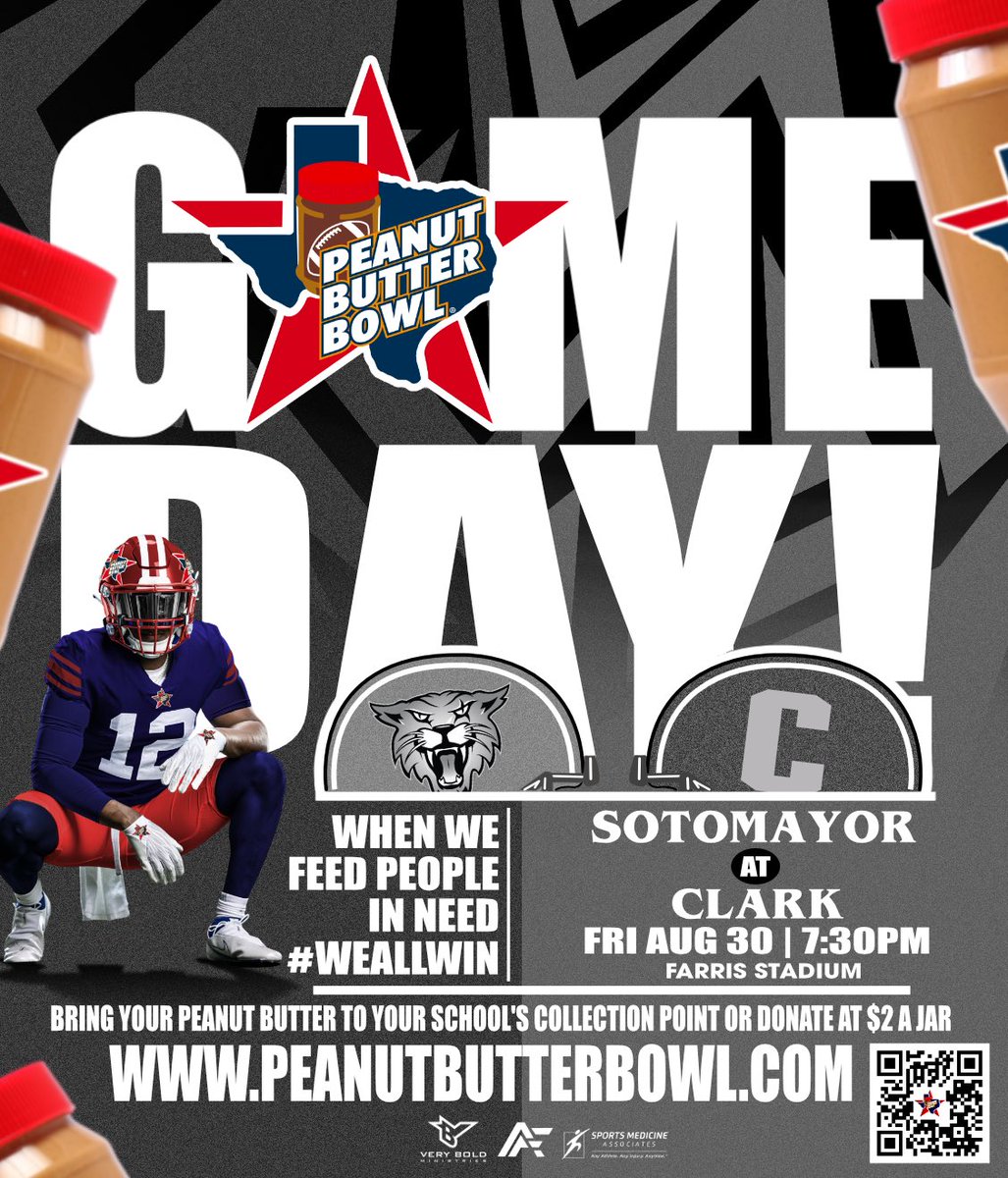 ClarkCougarFB (@fbcougar) on Twitter photo Start the season off by helping out a great cause <a href="/PeanutButterBwl/">Peanut Butter Bowl</a> Bring in jars of peanut butter or use the QR code to donate monetarily
#clarktexas Start the season off by helping out a great cause <a href="/PeanutButterBwl/">Peanut Butter Bowl</a> Bring in jars of peanut butter or use the QR code to donate monetarily
#clarktexas