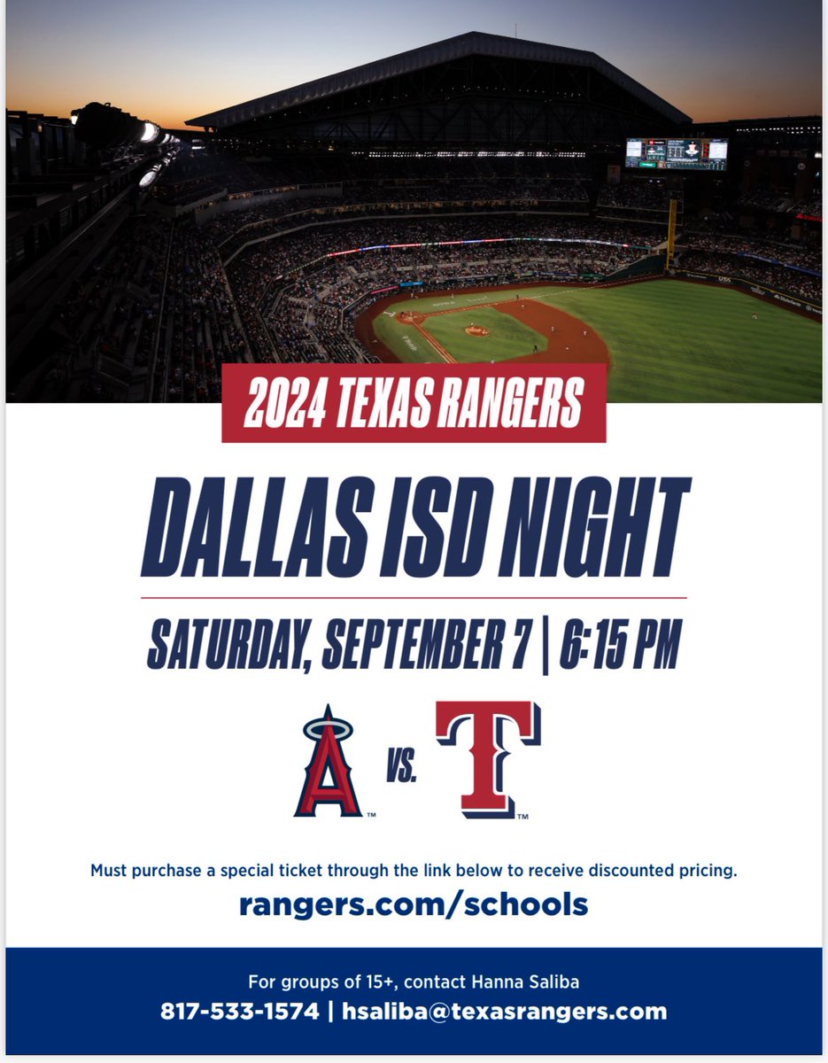 Veena Garcia Armstrong (@veenaarmstrong) on Twitter photo Dallas ISD Texas Rangers Night
Saturday Sept. 7 @ 6:15 Get your discount tickets @ mlb.com/rangers/ticket… <a href="/TeamDallasISD/">Team Dallas ISD</a> <a href="/dallasschools/">Dallas ISD</a> Dallas ISD Texas Rangers Night
Saturday Sept. 7 @ 6:15 Get your discount tickets @ mlb.com/rangers/ticket… <a href="/TeamDallasISD/">Team Dallas ISD</a> <a href="/dallasschools/">Dallas ISD</a>