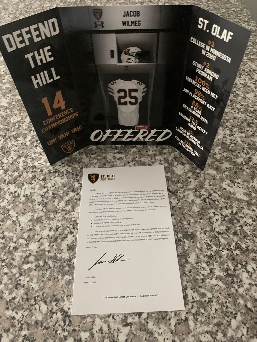 Extremely blessed to receive an offer from <a href="/StOlafFB/">St. Olaf Football</a>!  <a href="/JamesKilian/">James Kilian</a> <a href="/mkleinschrodt20/">Mitchell Kleinschrodt</a> <a href="/Coach_MPaulson/">Matthew Paulson</a> <a href="/StolafRBC/">Eric Pulley</a> <a href="/CoachMoonen/">Tony Moonen</a> <a href="/MCWFootball/">MCW Football</a>