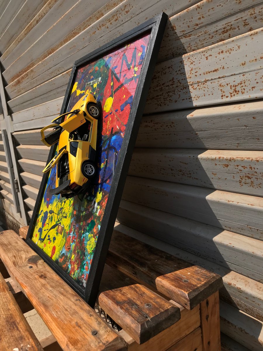 _musallwah's tweet photo. Lamborghini Murcielago Art. Title: Basquiat Made me do it. Scale size 1/24, Frame size 
29.7x40 cm. Status SOLD k650. For a unique piece like this one call/WhatsApp 0978520584 to purchase . Ideal decor for your home and office.#zedx #lamborghini #art https://t.co/I6ML2Tz2fd