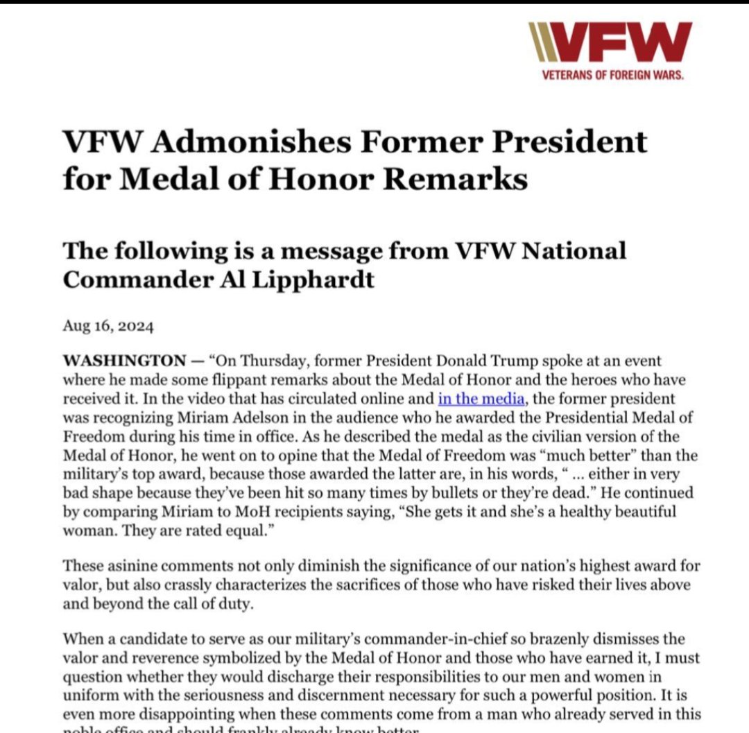 FordJohnathan5's tweet photo. 🚨 #BREAKINGNEWS Veterans of Foreign Wars (VFW) has sent out this statement regarding Trump's continued hateful speech about Veterans. The gloves are off. Trump doesn't support our veterans. 🚨 https://t.co/BkX0pH9bkY