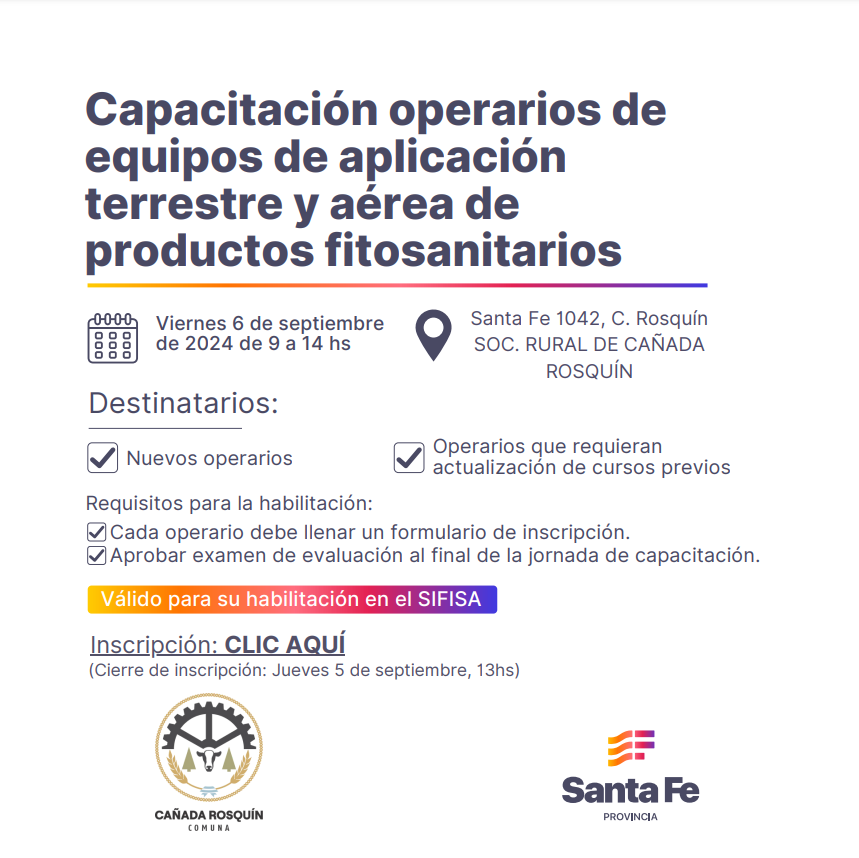 CIASFEcomunica's tweet photo. 📌Capacitación operarios de equipos de aplicación terrestre y área de productos fitosanitarios.
🗓Viernes 06 de septiembre 9 AM
📍Lugar: Sociedad Rural de Cañada Rosquín
👉Link de inscripción: https://t.co/coBR7YPQ1t
#capacitación #operarios #productos #fitosanitarios #ciasfe https://t.co/CtsdUZRfHF