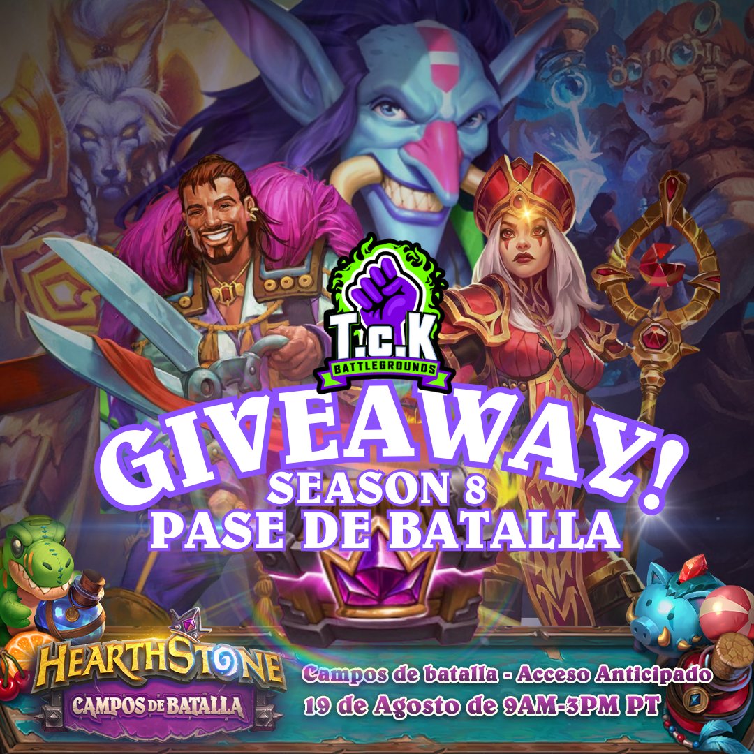 Team TCK (@tck_hs) on Twitter photo 🍀GIVEAWAY!
Estamos listos para el ACCESO ANTICIPADO a la Temporada 8 de #Hearthstone #Battlegrounds y para celebrar, daremos un Pase de Batalla, cortesía de <a href="/PlayHSLATAM/">Hearthstone LATAM</a> 🎉
Participa:
➡️Follow +🔁RT
📺Follow twitch.tv/tck_battlegrou…
👍 Etiqueta (emotea) a un amigo/a
¡Suerte! 🍀GIVEAWAY!
Estamos listos para el ACCESO ANTICIPADO a la Temporada 8 de #Hearthstone #Battlegrounds y para celebrar, daremos un Pase de Batalla, cortesía de <a href="/PlayHSLATAM/">Hearthstone LATAM</a> 🎉
Participa:
➡️Follow +🔁RT
📺Follow twitch.tv/tck_battlegrou…
👍 Etiqueta (emotea) a un amigo/a
¡Suerte!