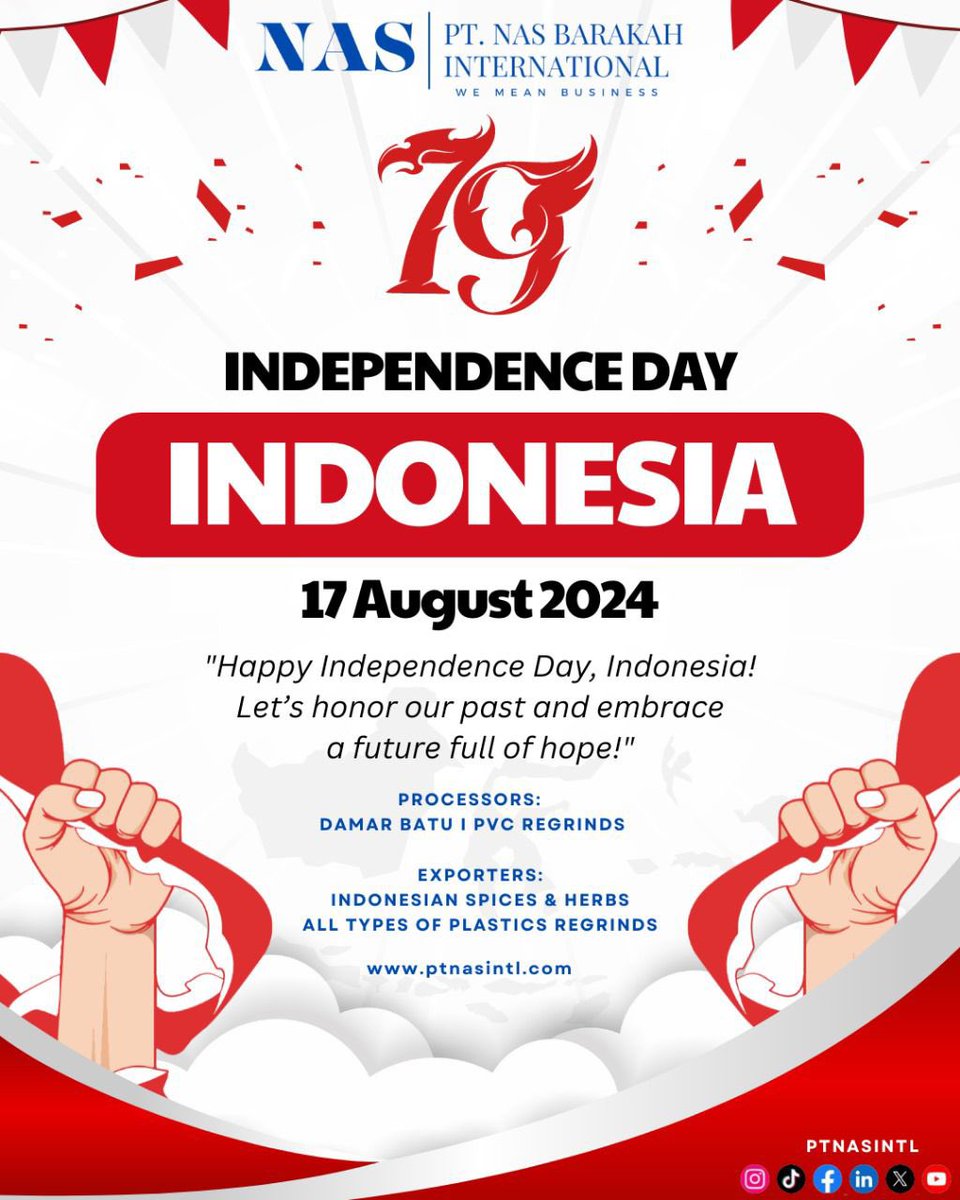 ptnasintl's tweet photo. 🎉 Happy 79th Independence Day, Indonesia! 🇮🇩

Selamat Hari Kemerdekaan, Indonesia! Merdeka! 🇮🇩

#IndonesiaIndependenceDay #Merdeka
 #independenceday #ptnasbarakah #damarbatu #pvcregrinds #plasticregrinds #recycle #export #indonesia https://t.co/Pdv1GqHVor