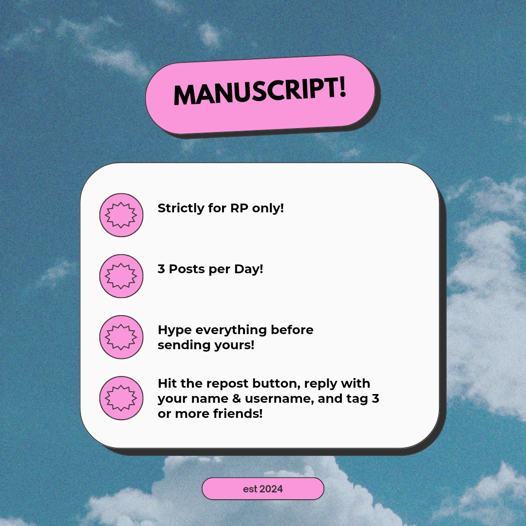 vivirn's tweet image. ﹙Manuscript; Hype Upchar by Like﹚

An invitation is sent along with this post as Manuscript welcomes you to a world where the tapestry of words is appreciated. 

Hit the repost button, reply with your name and username, and tag three or more friends if you're willing to join!