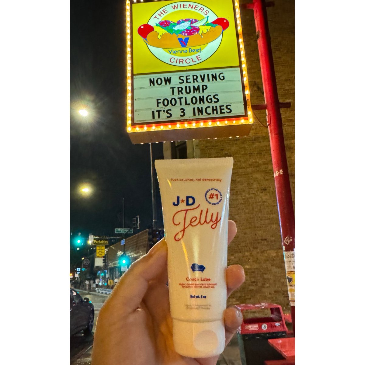TheWienerCircle's tweet photo. Back by popular demand, in time for the DNC, the trump footlong! Order it with hot sauce if you want it extra angry! JD jelly not included, unless you rent the relish room, but stay away from da couch fuckerz! https://t.co/9KYuVk1Z8K