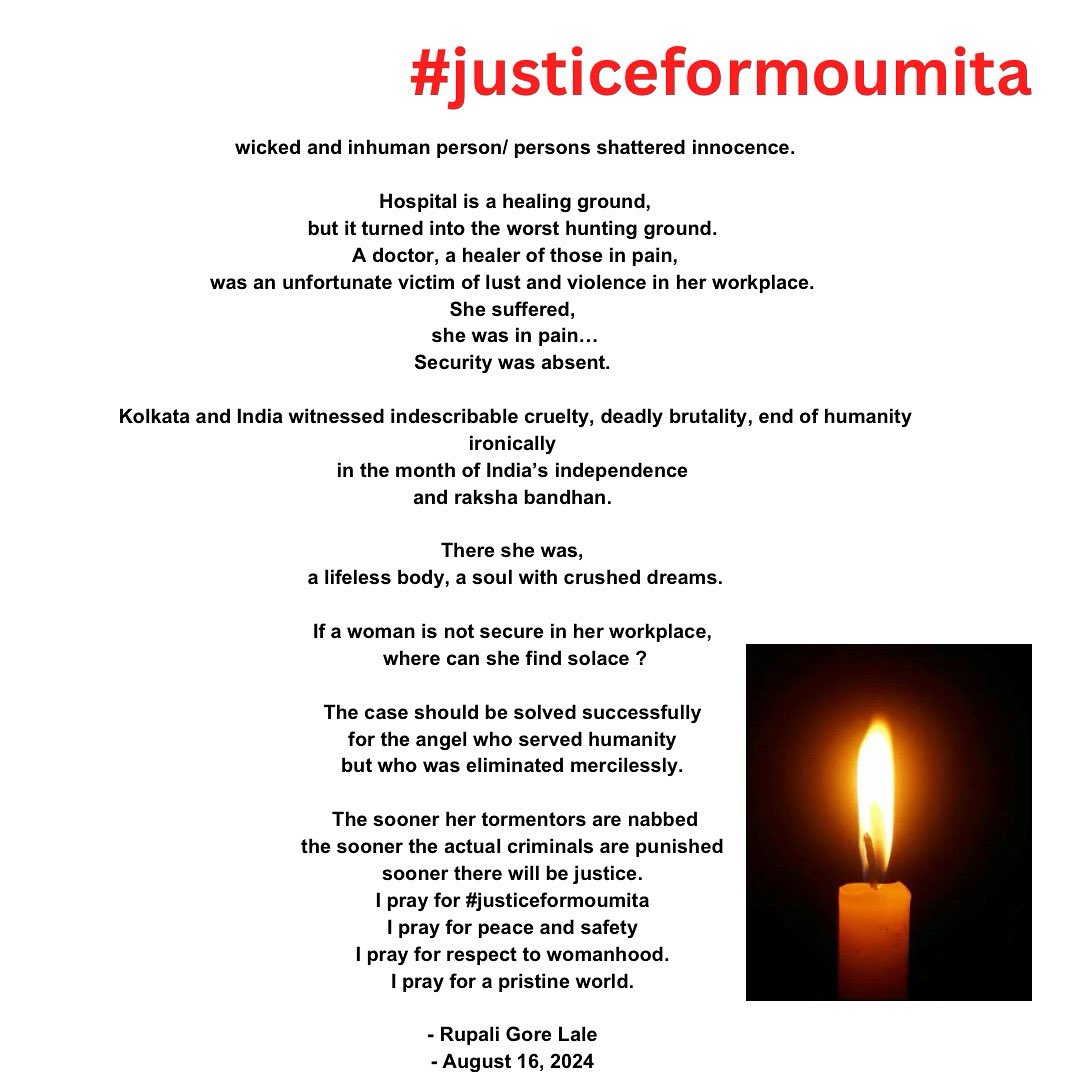 RupaliLale's tweet photo. #justiceformoumita #justiceformoumitadebnath 
No words can express the pain Dr.Moumita Debnath must have gone through… 
The only solace will be nabbing the criminals and punishing them for their brutal acts. 

#crimes #crimesagainsthumanity 
#kolkata #westbengal #india #women https://t.co/kTfOGqu8bm