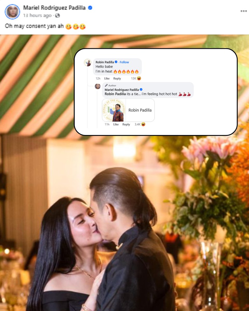 PhilstarNews's tweet photo. MARIEL SUPPORTS HUSBAND ON FACEBOOK AMID CONSENT ISSUE

TV host and IV drip enthusiast Mariel Rodriguez-Padilla expressed her support for her husband, Sen. Robin Padilla, on Facebook after he was lectured during a Senate hearing on the topic of consent.

Padilla, who is leading a Senate investigation into allegations of sexual harassment and abuse in the media industry following allegations against GMA-7 contractors, posed a question to lawyer Lorna Kapunan, an advocate for women’s and children’s rights, regarding the current legal definition of rape.

Kapunan made it clear: "No" means "no," even within the context of marriage.

Padilla appeared surprised by this response.

“Oh may consent yan ah,” Mariel captioned the photo of her and her and the senator kissing.

“I am very happy for you, but not everyone is fortunate to be in your position. I hope you get how incredibly insensitive this is,” one social media user responded to Mariel.

Read: https://t.co/i2up1QweR8