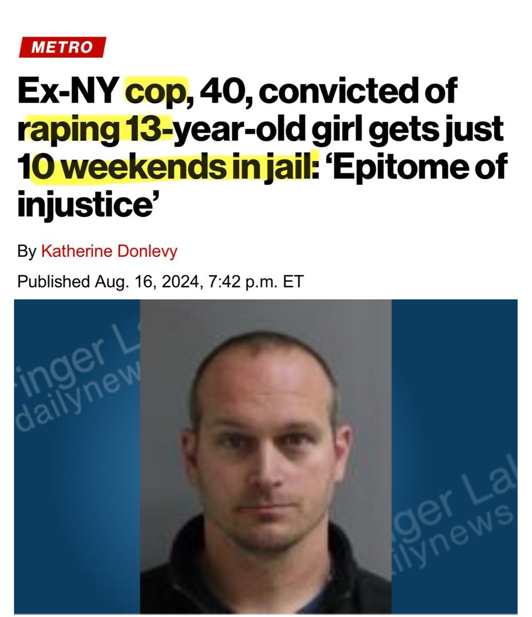 SeeRacists's tweet photo. ‼️Can someone explain to me in 1 word WHY a COP can R*PE a 13 year-old girl and ONLY get 10 “WEEKENDS” in jail ????? 1 Word 🤔 https://t.co/djQeE81oP4