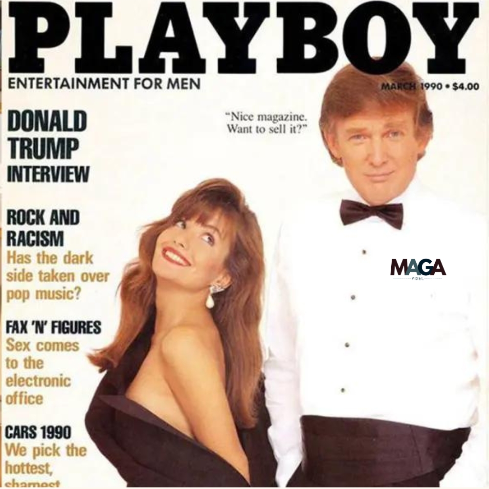 🚨Flashback Friday Sneak Peek 🚨
Take a trip back in time to March of 1990 to Trump on the cover of Playboy Magazine.  And what a gentleman--he let this young lady who forgot to get dressed borrow his tuxedo coat.  Bravo Donald, bravo.  

Coupled with the J13 head trait, this is