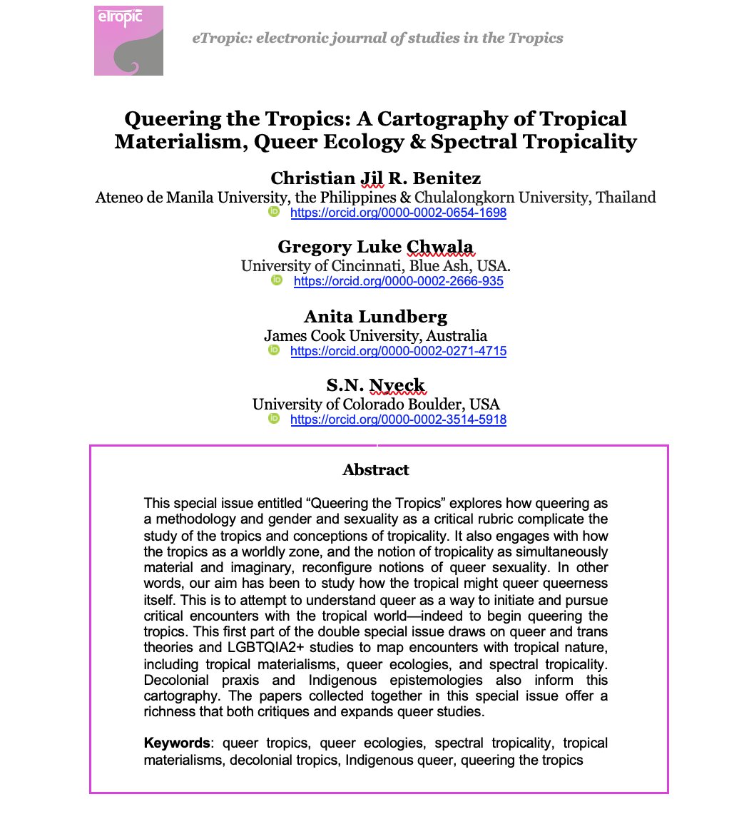 Introduction to 'Queering the Tropics' special issue. Editors' theoretical reflections and overview of the authors' papers!
FREE here: doi.org/10.25120/etrop…
#openaccess #queeringtropics #queertropics #lgbtqia #tropicalmaterialisms #queerecology #spectraltropicality