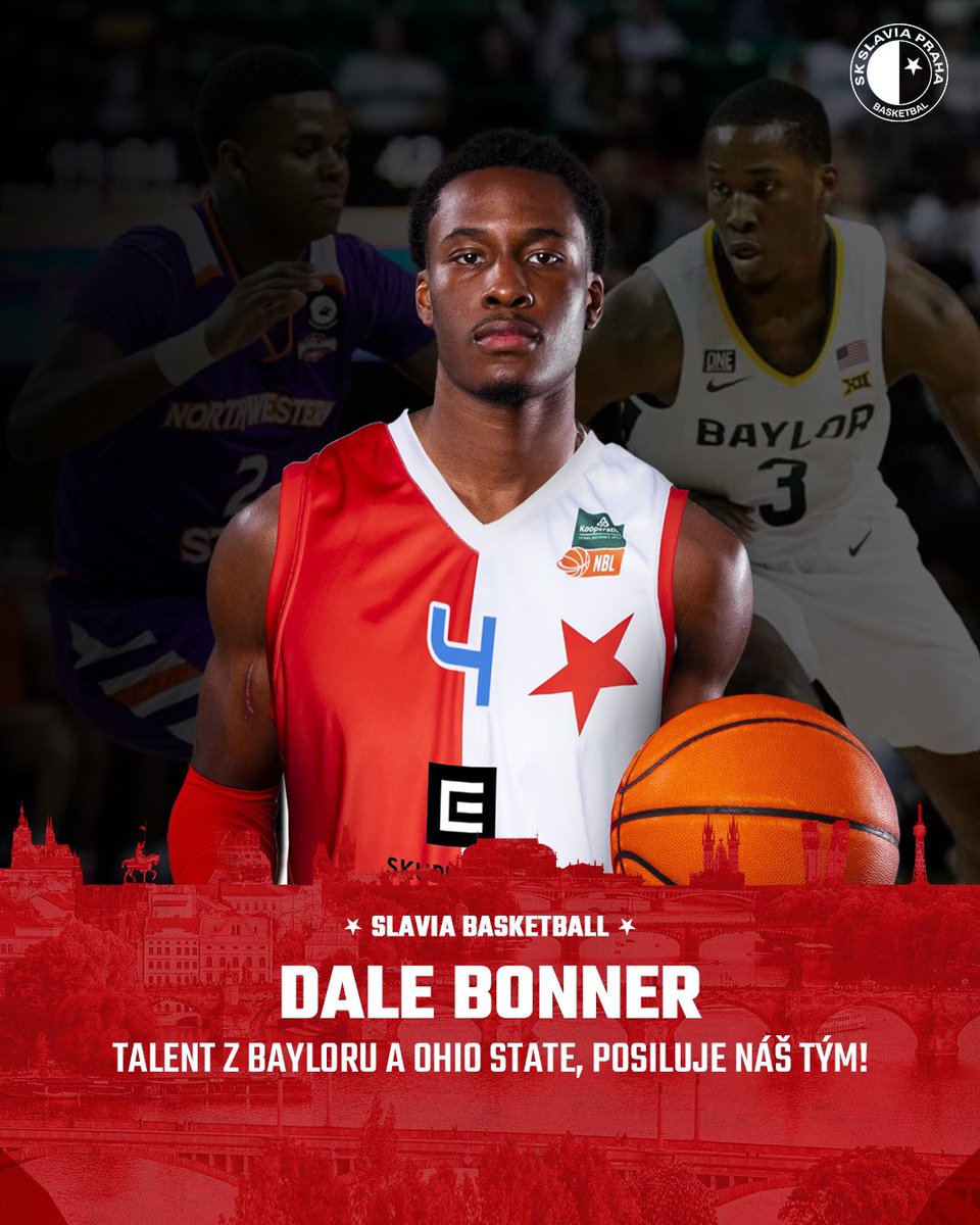 🔴⚪️ Je to tady! Do SK Slavia Praha přichází Dale Bonner, talentovaný guard z NCAA, který hrál za prestižní Baylor University a Ohio State University! 🏀💥 Dynamický hráč s kariérním průměrem přes 37 % trojek a zkušenostmi z nejvyšší úrovně univerzitního basketbalu!