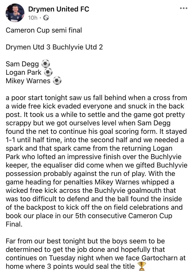 Drymenutd's tweet photo. Into the Cameron Cup Final after last nights win 💙 https://t.co/jugZhmy7eZ