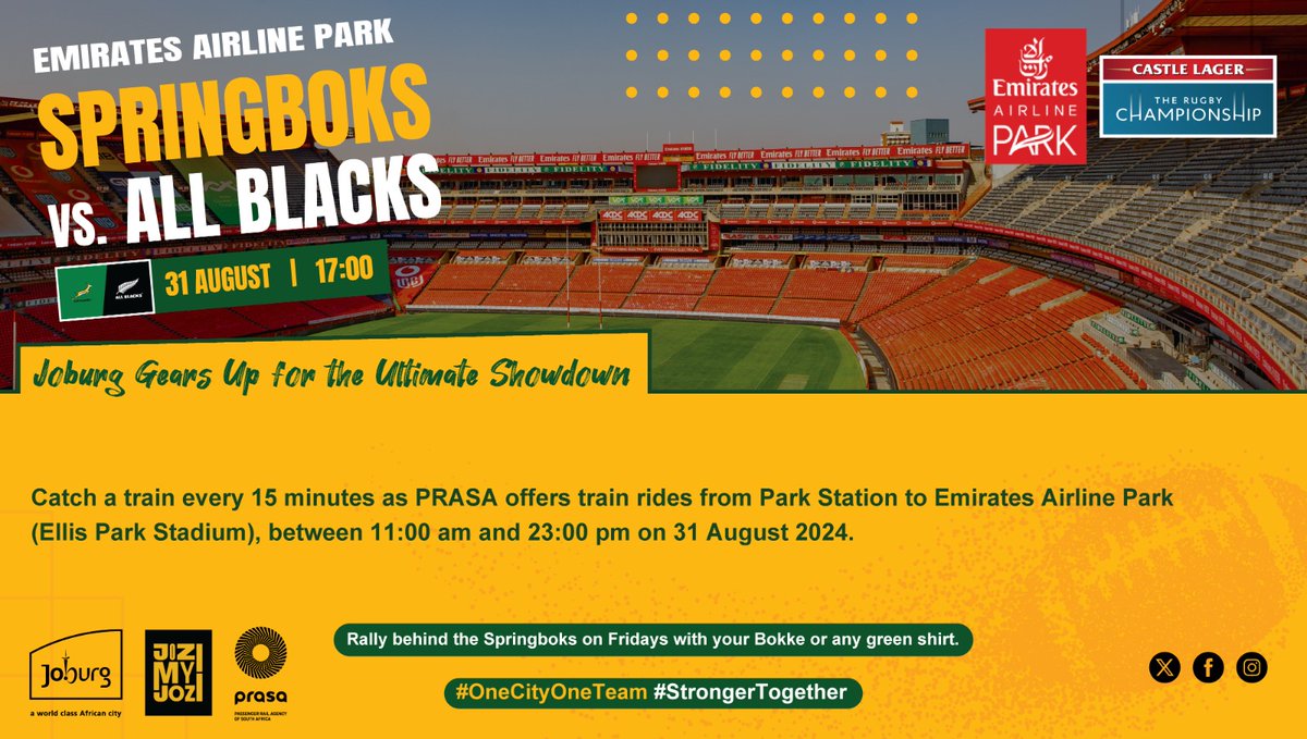 TODAY: As part of the City's preparation for the #UltimateShowdown #SAvsNZL on 31 August 2024, the City will facilitate a walkabout of the PRASA revamped Park Station and Gautrain experience to Ellis Park Stadium for key stakeholders and fans.

#CoJEvents
#ExploreJoburg