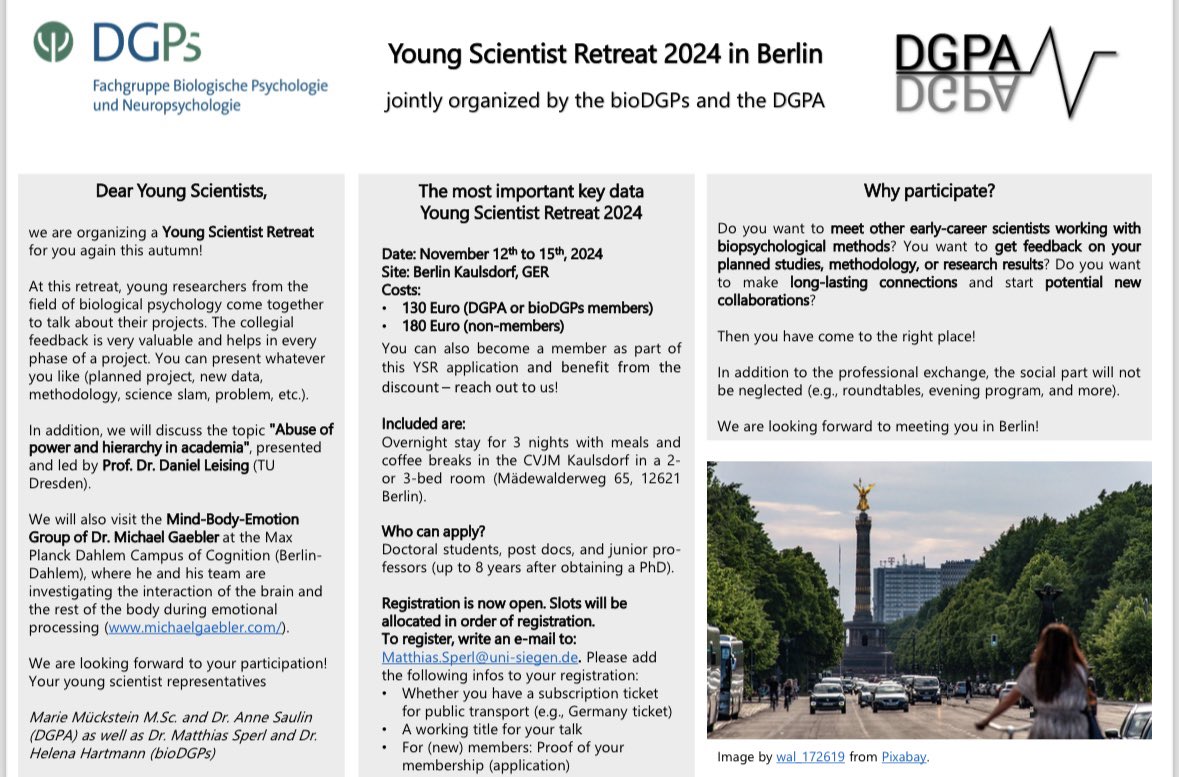 Psychology & Brain (@biodgps_dgpa) on Twitter photo Dear Young Scientists,
we are organizing a Young Scientist Retreat for you again this autumn in Berlin from November 12-15th 2024! Registration is now open, contact <a href="/MFJSperl/">MatthiasFJSperl</a> for more information and registration 🧠 Dear Young Scientists,
we are organizing a Young Scientist Retreat for you again this autumn in Berlin from November 12-15th 2024! Registration is now open, contact <a href="/MFJSperl/">MatthiasFJSperl</a> for more information and registration 🧠