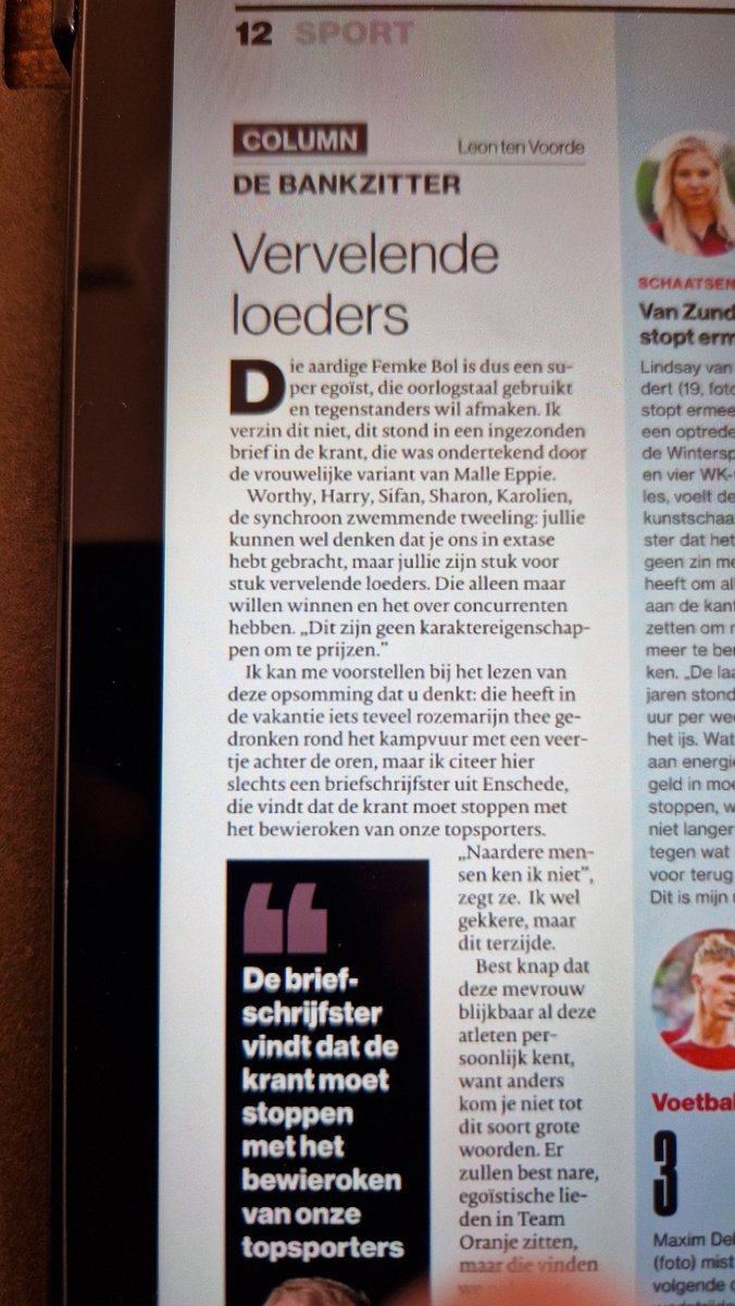 NicoHuizing's tweet image. Heerlijke column vandaag van @deBankzitter. "Azijnzeikster" mooi op haar plaats gezet. Onvoorstelbaar dat een mens (?)  zulke nare gedachten over sporters kan hebben. Frustraties moeten wel heel hoog zitten. Adviseer om zo spoedig mogelijk psychische hulp te vragen.
