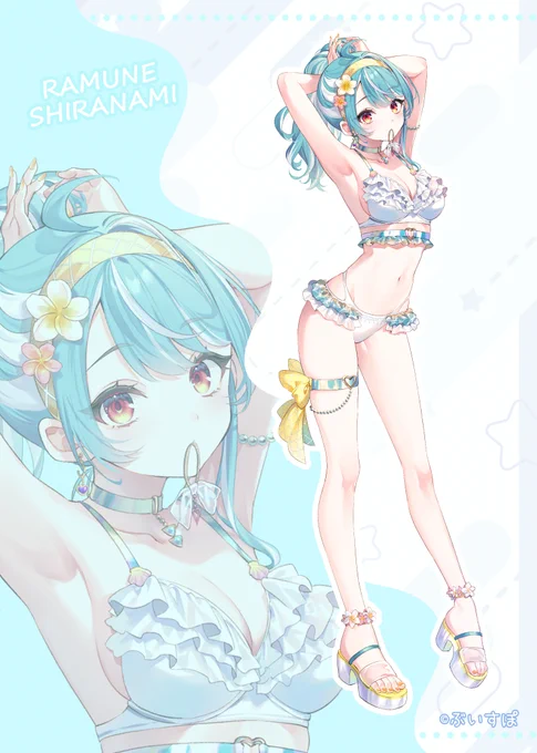 白波らむねさん波模様のフリルとプルメリアがポイント #らむねはいか画#ぶいすぽ夏休み 