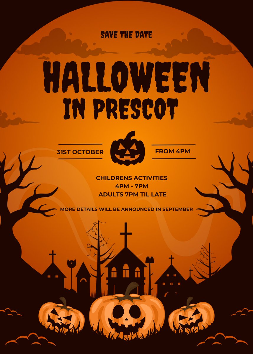 👻 HALLOWEEN IN PRESCOT 👻

Save the date 💀Thursday 31st October 2024 🧙🏻 More details to follow next month 🎃

#HalloweeninPrescot