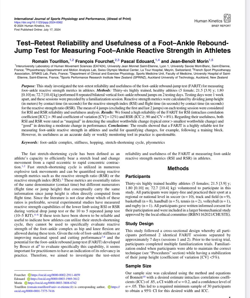 romaintourillon's tweet photo. 🚨NEW ARTICLE 🚨

Foot-ankle rebound jump test for measuring reactive strength in athletes 📄

3️⃣6️⃣national &amp; regional healthy ind. 🏀🏈🎾🏐⚽️🤾‍♂️🏃‍♂️

➡️ ICC &amp; CV (reliability)
➡️ TE, SWC &amp; MWC (usefulness)

🔗 https://t.co/0VljwOmjnF

Main results below👇 (thanks @EamonnFlanagan) https://t.co/ce0VljzRRw