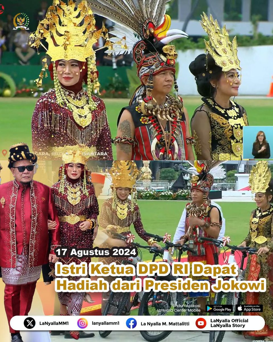 Pada acara peringatan upacara hari kemerdekaan Republik Indonesia yang digelar di Ibu Kota Nusantara (IKN), Kalimantan Timur, 17 Agustus 2024. Istri saya, Enny LaNyalla mendapatkan hadiah sepeda dari Presiden Joko Widodo (Jokowi).

<a href="/jokowi/">Joko Widodo</a>

#lanyalla #dpdri #pakaianadat