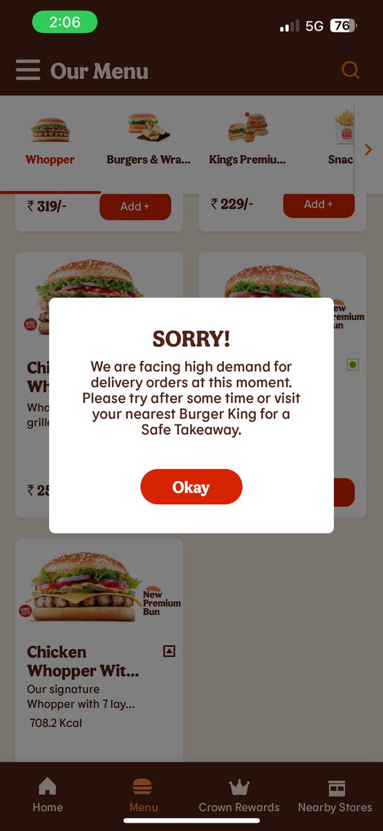 jaichhimwal's tweet photo. @burgerkingindia Trying to Order from Official Burger King App but trying from last 1.5hr and it is saying the below message https://t.co/FDwRpb23pc