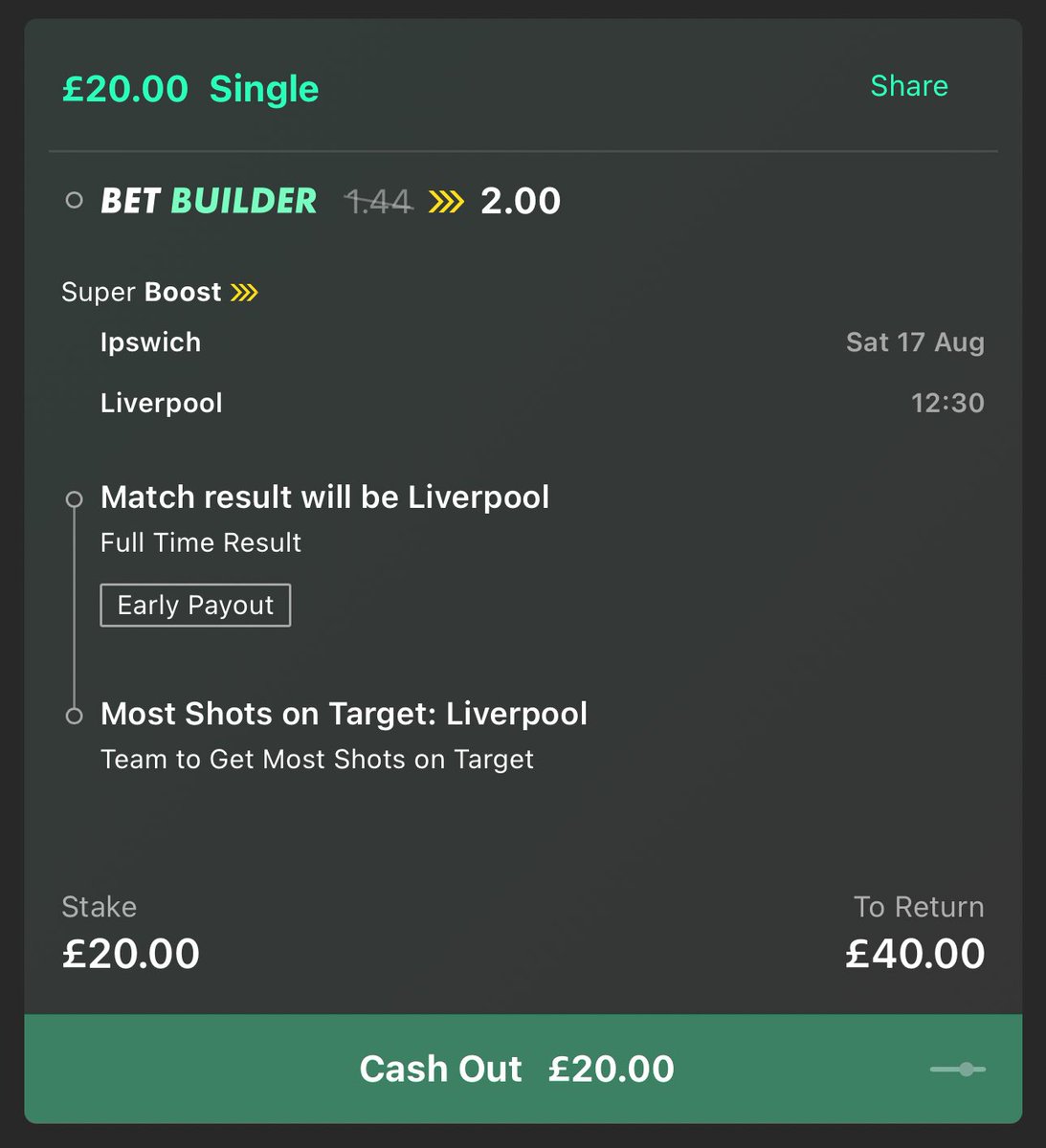 💰 £40 CASH GIVEAWAY!!! 

We are backing this GREAT price for today !!! 👇

📍 Ipswich v Liverpool
⚽️ Result &amp; Most SOTs = Liverpool
💰 £20 returns £40

If the bet wins we will giveaway…

❤️ £20 to someone who LIKES this!
🔁 £20 to someone who RTs this! 
✅ FOLLOW <a href="/LordFootyTips/">Lord’s Football Tips</a>