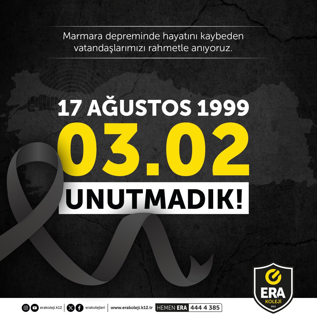 17 Ağustos 1999 Marmara depreminde hayatını kaybedenleri rahmetle anıyoruz.

Bir deprem ülkesi olarak, hep beraber depreme karşı her an hazırlıklı olmamız gerektiğini tekrar hatırlatıyoruz. 

#17ağustos #deprem