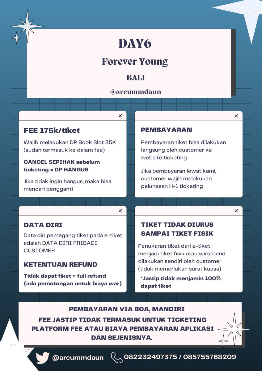 areummdaun's tweet photo. <OPEN JASTIP>

DAY6 3rd World Tour [FOREVER YOUNG] in BALI

JASA WAR
▪︎Fee 175k/tix
▪︎Trusted 100% (testi 📌)
▪︎Pakai Data Diri Customer
▪︎Self payment

Booking/questions? WA admin
#DAY6_3RD_WORLDTOUR #DAY6 #DAY6inBALI tag wtb wts https://t.co/wShjVjSyfH