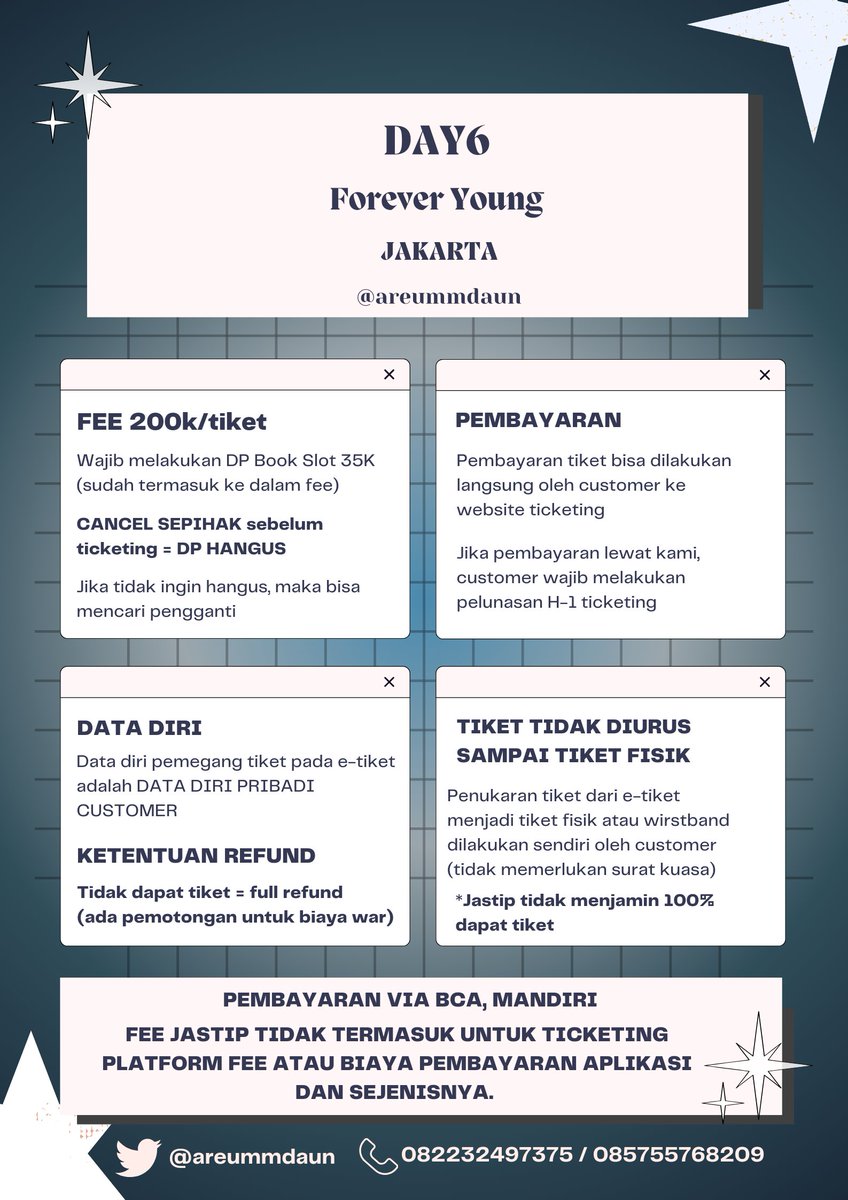 areummdaun's tweet photo. <OPEN JASTIP>

DAY6 3rd World Tour [FOREVER YOUNG] in JAKARTA

JASA WAR
▪︎Fee 200k/tix
▪︎Trusted 100% (testi 📌)
▪︎Pakai Data Diri Customer
▪︎Self payment

Booking/questions? WA admin
#DAY6_3RD_WORLDTOUR #DAY6 #DAY6inJKT tag wtb wts https://t.co/rdzIgp4t3h