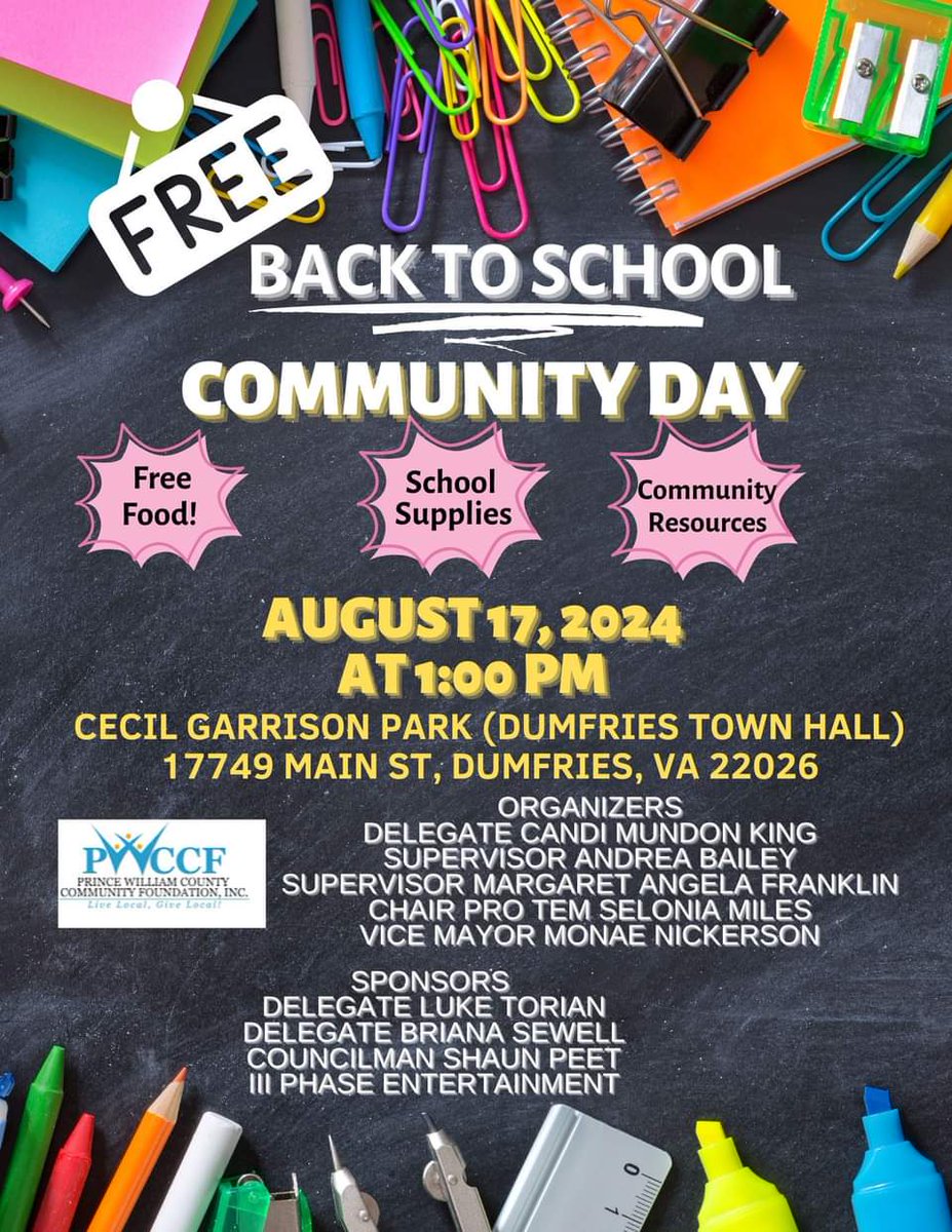 VAMSNickerson's tweet photo. 📚🎒 Excited for the new school year? Join us for a FREE Back-to-School Community Day this Saturday, Aug 17 at 1 PM in Dumfries! Free food, supplies &amp; resources for all. Let's support our students as they start school on Monday! #DontJustComplain_Contribute #BackToSchool https://t.co/Jxwisv9TCY